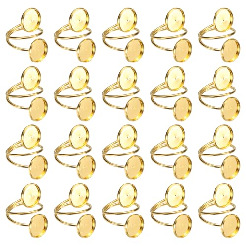 sourcing map 20 anillos en blanco, anillo ajustable para dedo con base en blanco de acero inoxidable abierto bisel, bandejas redondas de 12 mm para hacer joyas, manualidades, color dorado