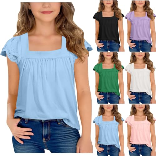 Girls Cute Hollow Ruffle Flutter Sleeve T-Shirts Casual Loose Pleated Square Neck Summer Tops for Kids 5-15 Years2