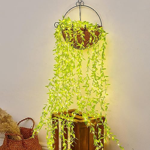 Image of URM Artificial Leaf Curtain LED String Light, 200 LEDs, 8 Modes, Adjustable Brightness, Perfect for Bedroom, Garden, Birthday & Festive Decor (10x3Feet, Green Color) Corded Electric