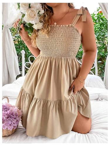 Image of Floerns Women's Plus Size Summer Knot Tie Shoulder Ruffle Straps Flounce Flowy Smocked Sundress Shorts Dress