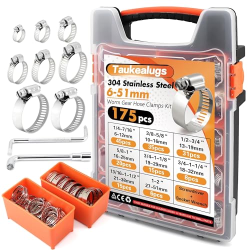 Image of 304 Stainless Steel Worm Gear Hose Clamps Assortment Kit 175PCS 1 /4 to 2 in | 8 Sizes Clamps Set for Radiator,Heater,Automotive, Marine,Fuel Line, Plumbing & DIY, Pipe,Tube, Coolant, Garden W /Case
