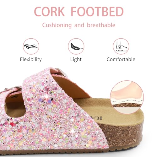 Girls Cork Footbed Slides Sandals Toddler Glitter Summer Non-slip Adjustable Double Buckle Sandals Kid Open Toes Casual Flat Slippers4