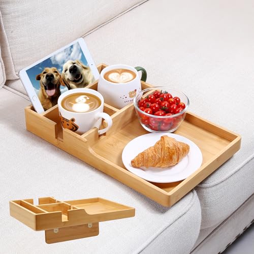 Nnewvante Couch Tray 2-in-1 Insert & Flat Sofa Organizer Bamboo with 2 Cup Holders Fits Seat Gaps or Ottomans for Snacks Drinks Remotes 15.35x9.84-inch