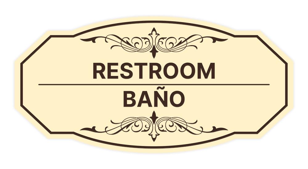 Signs ByLITA Victorian Restroom/Baño Bilingual Sign (Ivory/Dark Brown) - Small