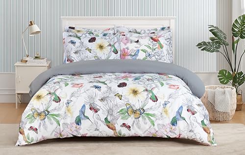 Majestic Giftware Madison Linen 6 Pcs Queen Size Duvet Bedding Set (BL504-Q) | Birdsong Paradise 300 TC Cotton Sateen Durable & Washable | 1 Fitted Sheet, 1 Duvet, 4 Pillowcases - Ritz Collection