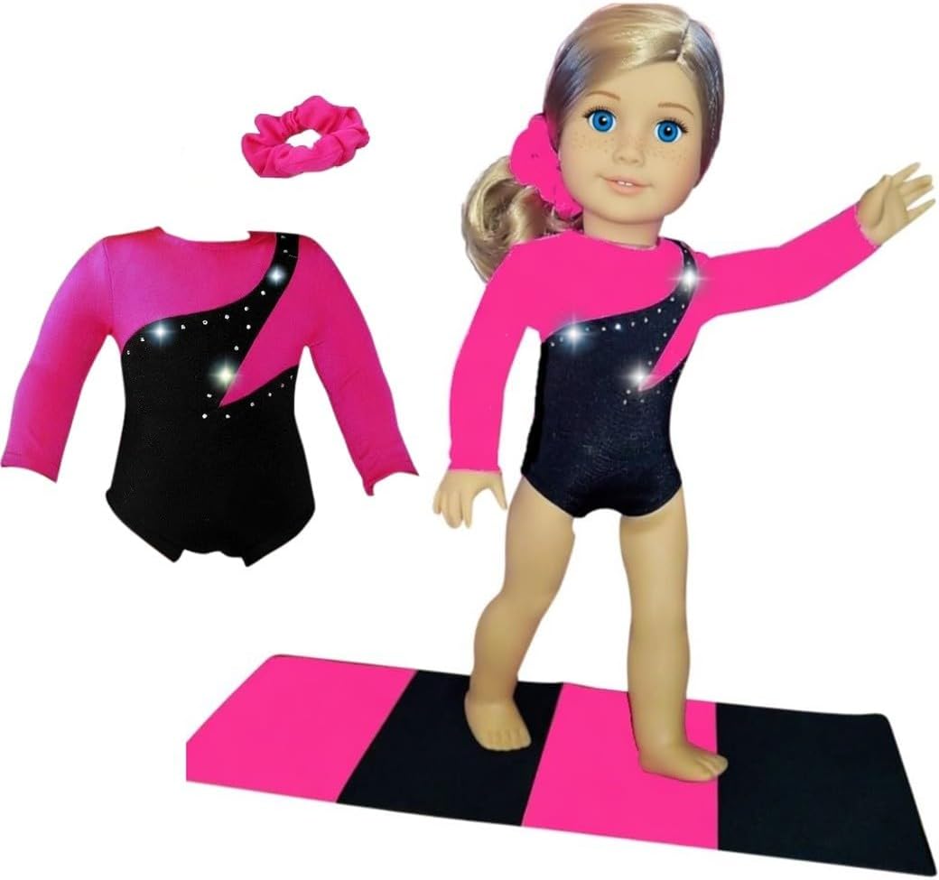 Sparkling Success: 2026 American Doll Girl Pink Gymnastics Clothes Set with Leotard, Mat, Olympic Medal and Hair Accessory. 4 PCS in All! Doll Not Included