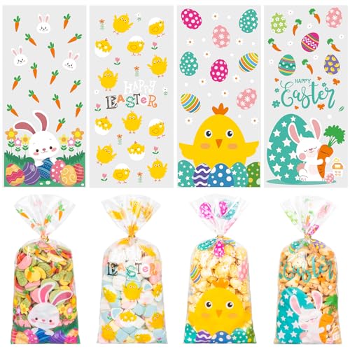 RICEDUO Easter Cellophane Treat Bags, 100 Pieces Clear Cello Gift Bag with Twist Ties, Easter Candy Goodies Bags for Kids Spring Party Favors Supplies