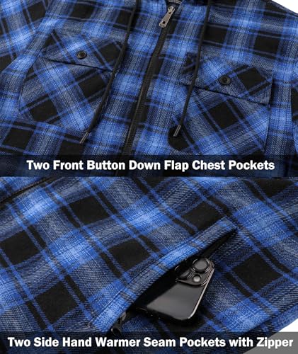 Image of V VALANCH Men's Flannel Shirt Jacket with Hood Fleece Lined Plaid Jacket Zip Up Winter Warm Coat