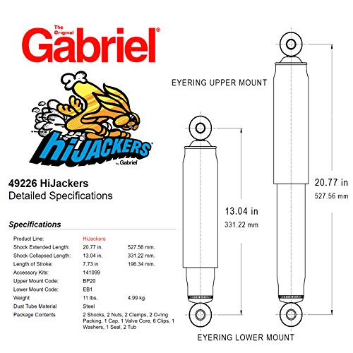 Image of Gabriel 49226 HiJackers Rear Adjustable Air Shock Absorbers Compatible with 84-01 Jeep Cherokee; 84-90 Jeep Wagoneer (1 Pair)