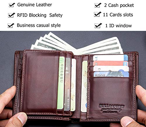 BULLCAPTAIN Genuine Leather Men Wallet RFID Blocking Bifold Wallets ID Window Credit Card Holder (Deep brown)4