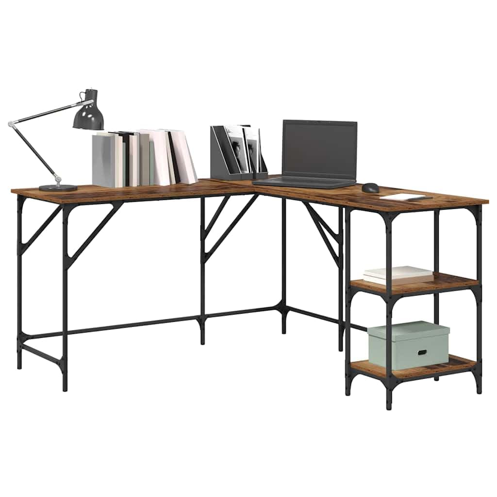 Escritorio de madera recuperada en forma de L, 139 x 139 x 75 cm, madera con patas de acero, altura regulable, con estante y cajón, espacio de trabajo ergonómico para oficina, oficina en casa