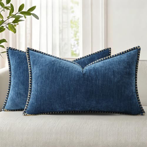 Image of decorUhome Fall Patriotic Chenille Soft Cozy Throw Pillow Covers 12x20 Set of 2, Coastal Modern Farmhouse Boho Velvet Decorative Pillow Cases with Stitched Edge for Couch Sofa Bed Home Decor, Poseidon