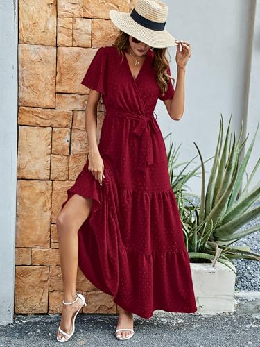 Image of MASCOMODA Women Boho Swiss Dot Maxi Dresses Wrap V Neck Flutter Short Sleeve Solid Tie Waist A Line Tiered Flowy Long Dresses