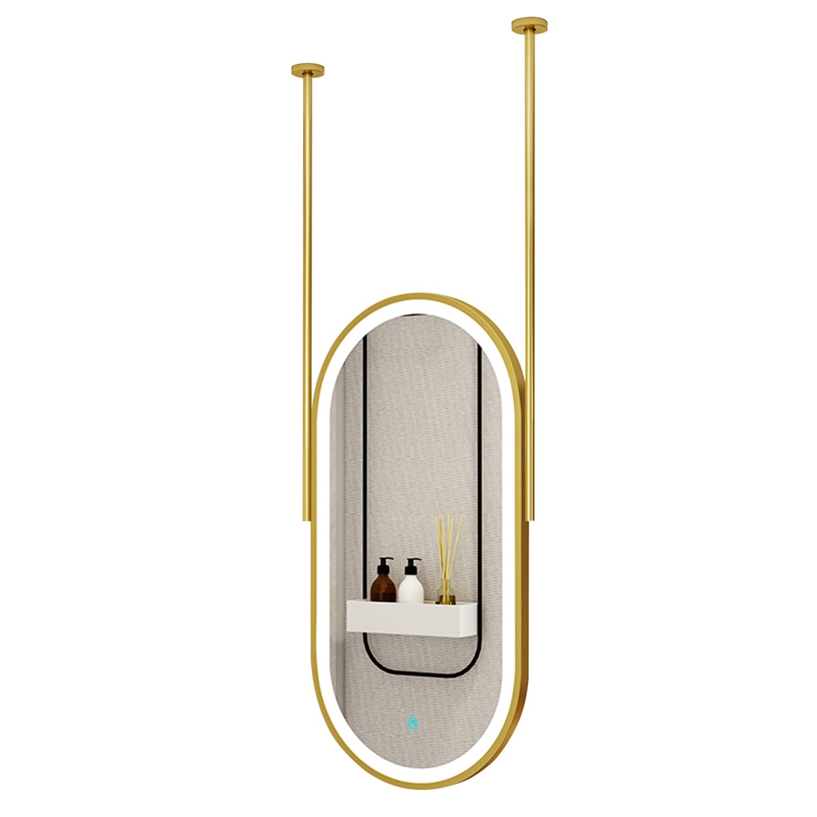 FGXHHS Oval Gold, Metal Frame Wall Mounted Lighted Led Shaving Mirror Ceiling Hanging with Double Boom (Boom Can be Customizable)(50cmx60cm)