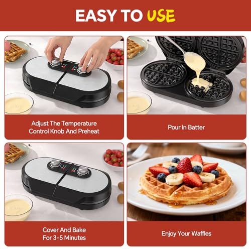 Image of Double Waffle Maker, 6.5 inch Dual Waffle Iron, 1200W Belgian Waffle Maker with Nonstick Plates, 2 Independent 5-Level Adjustable Temp Knobs, Easy to Clean, Stainless Steel