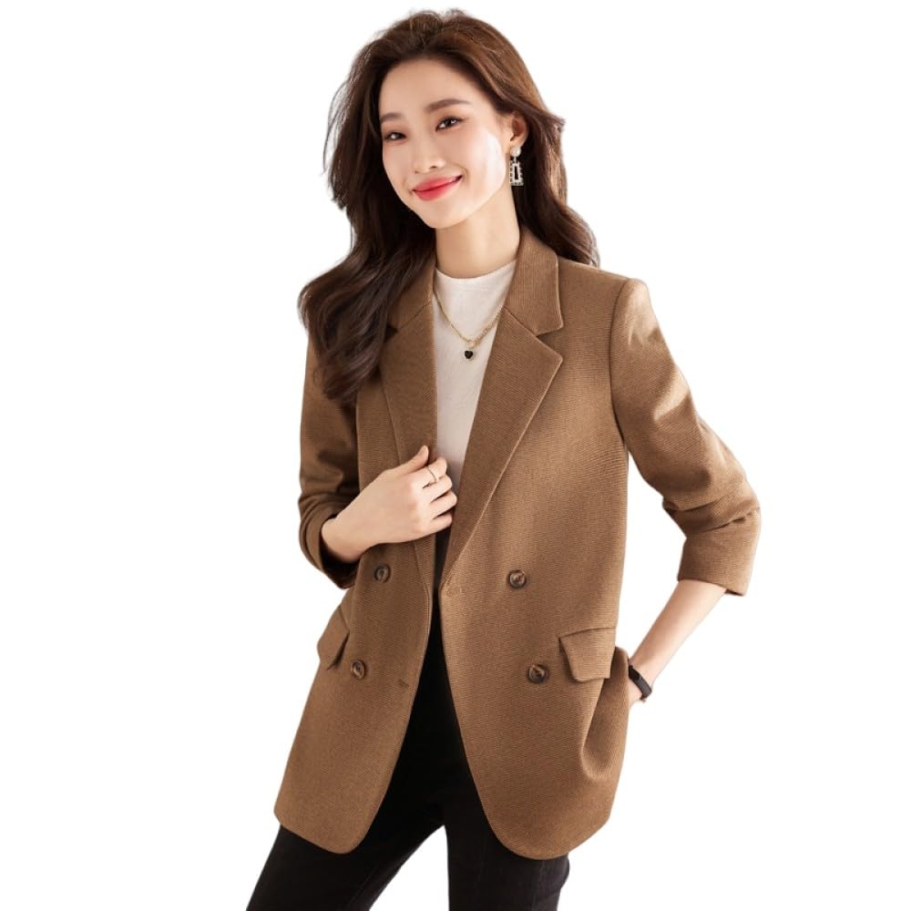 Giacche Eleganti da Donna in Tweed, Blazer Vintage Kaki con Risvolto con Risvolto Cappotto Moda Casual Maniche Lunghe Giacca Doppiopetto Autunno Transizione Capispalla con Spacco Posteriore