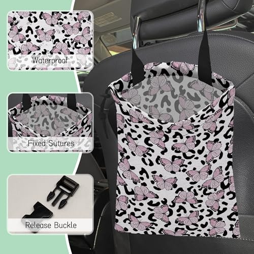 Image of Butterfly Car Garbage Bag,Leopard Waterproof Small Car Trash Bag Hanging Back of Seat,Drawstring Hanging Car Trash Bag with Adjustable Buckle for Car Accessories