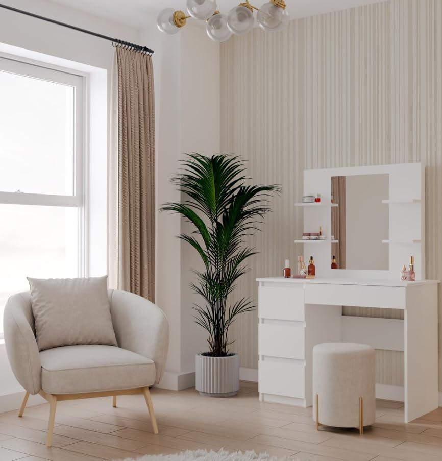 BDW - Schminktisch mit Spiegel Weiß - Make Up Tisch mit Schubladen - Minimalistisches Design, mit Regalen, für Schlafzimmer oder Ankleidezimmer - 146 x 98 x 51 cm - Links