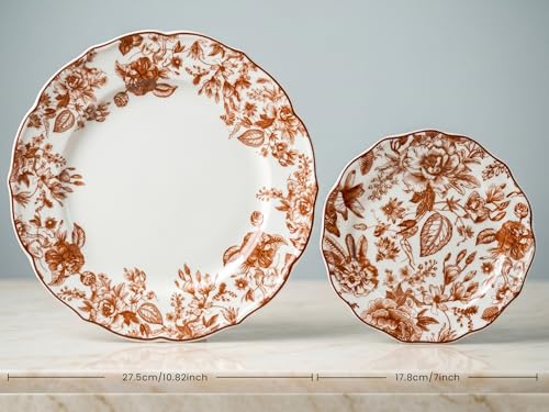 Image of Bodhi House Porcelain Dinner Set 18 Pieces - Brown Leaf | 6 Dinner Plates, 6 Quarter Plates, 6 Katori Bowls | Premium Crockery Set for Dining, Kitchen & Gifting