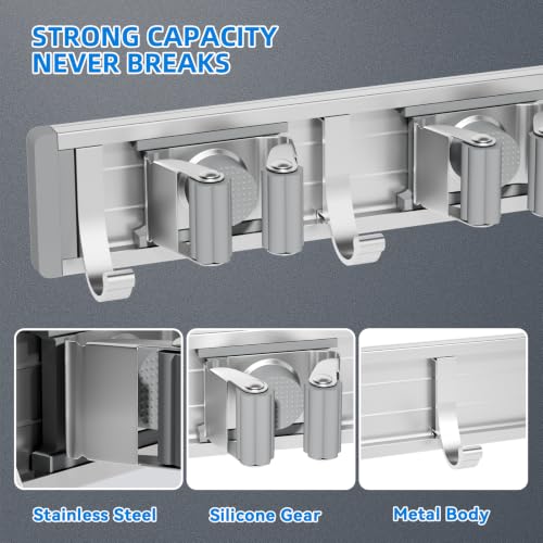 Image of reliahom Broom Holder Wall Mount Mop Hanger Tools organizer 4Racks 5Hooks | Adjustable Stick or Screw Mop Broom Wall Hanging Tool Storage Rack Space-saving for Garage,Kitchen,Laundry Room,Garden,Silver