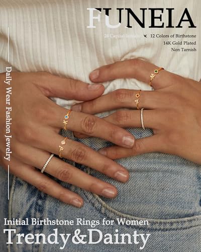 FUNEIA Initial Birthstone Rings for Women Non Tarnish Trendy Stackable Dainty Gold Letter Adjustable Emerald Green Cubic Zirconia Ring for Mothers Daughter Birthday Bridesmaid Gifts Jewelry2