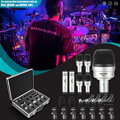 Neewer 7 Piece Wired Dynamic Drum Mic Kit - Kick Bass, Tom/Snare