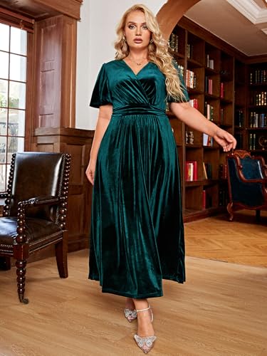 BerryGo Women's Plus Size Wedding Guest Velvet Formal Dress High Waisted Maternity Maxi Dress Short Sleeve V Neck Slit Dress2