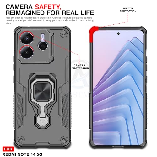 Image of AESTMO Armor Back Cover for Redmi Note 14 5G | Ring Holder & Kickstand & Camera Protection in-Built | 360 Degree Protection Back Case Cover (Blue)
