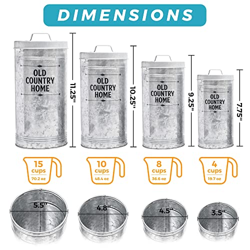 Saratoga Home Farmhouse Canister Set For Kitchen Coffee Tea Sugar Container Set With Labels & Marker, 4 Airtight Galvanized Rustic Tin Metal Flour Sugar Canister Sets For Kitchen Counter, Silver #TOP4