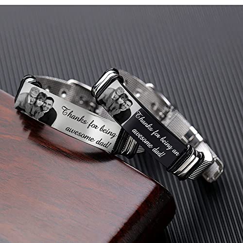 Kaululu Men Bracelet with Photo Name Engraved Personalised Bracelet Stainless Steel Wristband Gifts for Father and Son Brother Best Friend