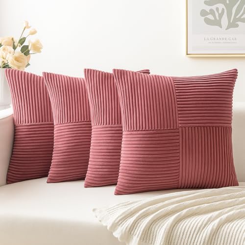 Image of Guffaw Corduroy Pillow Covers Boho Decorative Spliced Throw Pillow Covers Soft Solid Couch Pillowcases Cross Patchwork Cushion Covers for Living Room Bed Sofa 16x16 inch (4, CB RED)