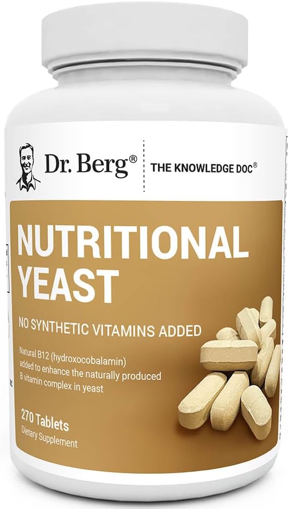 Dr. Berg's Nutritional Yeast Tablets – Non-Fortified Natural B12 Added - with All 8 B Vitamin Complex – No Gluten Non-GMO Non Synthetics - 270 Vegan Tablets Dietary Supplements
