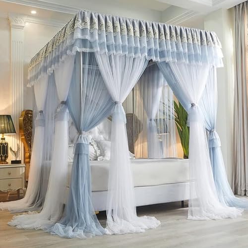 Moustiquaire à baldaquin pour lit double, rideaux romantiques en dentelle à 4 poteaux, double couche de maille alvéolée, support en acier inoxydable...