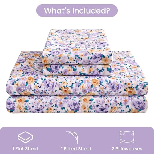 Image of Mooreeke Floral Full Bed Sheets, Soft Microfiber Printed Bedding Sheets & Pillowcases, Deep Pocket Non-Slip Vintage Full Sheet, Purple Yellow Flower Pattern Bedsheets