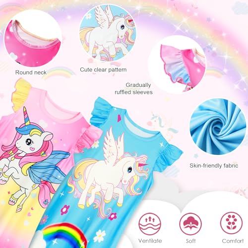 WonderBabe 2Pcs Girls Nightgowns Unicorn Pajamas Toddler Nightgown Sleepwear Flutter Short Sleeves Night Gowns for Kids2