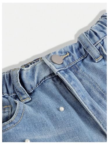 WDIRARA Girl's Pearl Beaded Elastic Waist Wide Leg Jeans Loose Denim Pants3