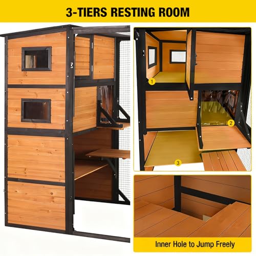 Image of Aivituvin Catio Cat House Outdoor Kitty Enclosures 77 inch Large Cat Home with Run Cat Cage with Platforms Kitty Playpen, 4 Tiers, 76.8 inch L x 35.8 inch W x 69.3 inch H,Brown