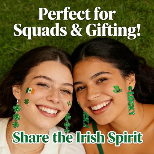St Patricks Day Earrings & Tattoos for Women, 3 Pairs Irish Earrings + Shamrock Temporary Tattoos for Irish Festival Party Celebration, Green Saint Patricks Day Shirt & Outfits Accessories for Adults - Image 8