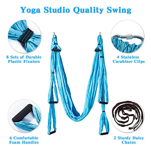 oremila Aerial Yoga Swing/Sling Kit/Trapeze for Back Pain Relief, Antigravity Yoga Hammock with Daisy Chains, Heavy Duty Carabiners, Hanging Straps and Thick EVA Handles (Blue)