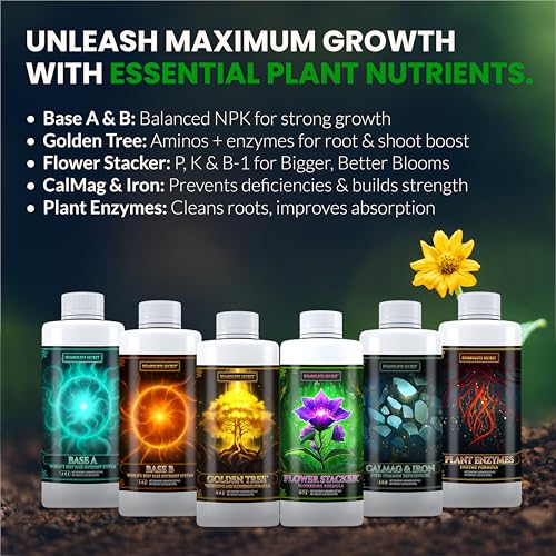 Image of Humboldts Secret Starter Kit Mini | Indoor and Outdoor Plant Fertilizer and Hydroponic Nutrients | Base A & B, CalMag and Iron, Golden Tree, Flower Stacker, Plant Enzymes | Complete Garden System