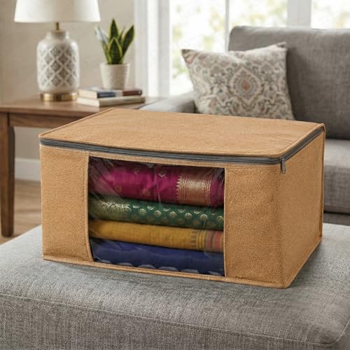 Image of Lukzer Non-Woven Leather Printed Saree Covers for Storage with Transparent Window & Zip - Large Set of 06 | Cloth Storage /Wardrobe Organizer for Woman Clothes /Lehengas /Dresses 45x33x20CM - (LSC-03-06)