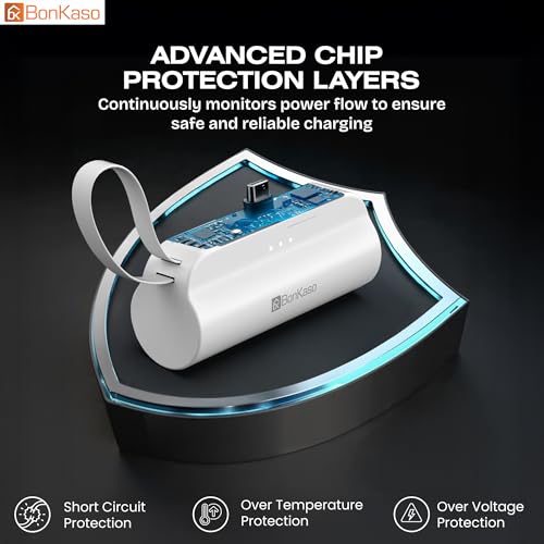 Image of BonKaso 5000mAh Mini Power Bank 15W PD Fast Charging, Built-in Type-C & i5 Cable, USB-C Input /Output, LED Indicator, Mobile Stand, Compact Pocket Portable Charger for iPhone & Android - White