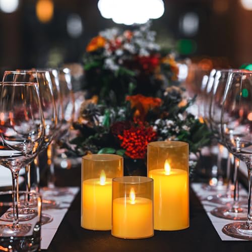 Image of Gold Glass Flameless Candles with Remote Timer Moving Wick Battery Operated LED Flickering Pillar Candles Plastic Dinner Wedding Christmas Holiday Decor D3 x H4, 5 inch, 6 inch
