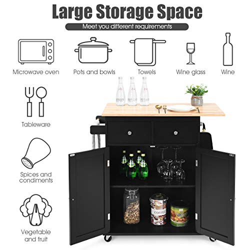 Giantex Kitchen Island Cart, Rolling Wood Trolley with Storage Cabinet, Towel Handle, 2 Drawers, Side Spice Rack and Wine Bottle Rack, Kitchen Cart on Wheels, Rubber Wood Countertop (Black)