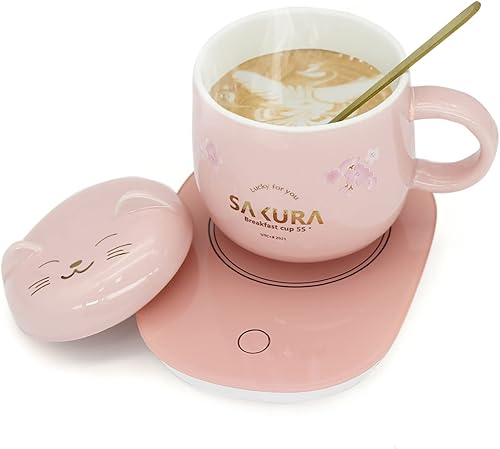 Calentador de café con juego de taza lindo juego de taza de gato calentador de bebidas para escritorio taza kawaii regalos de cumpleaños para