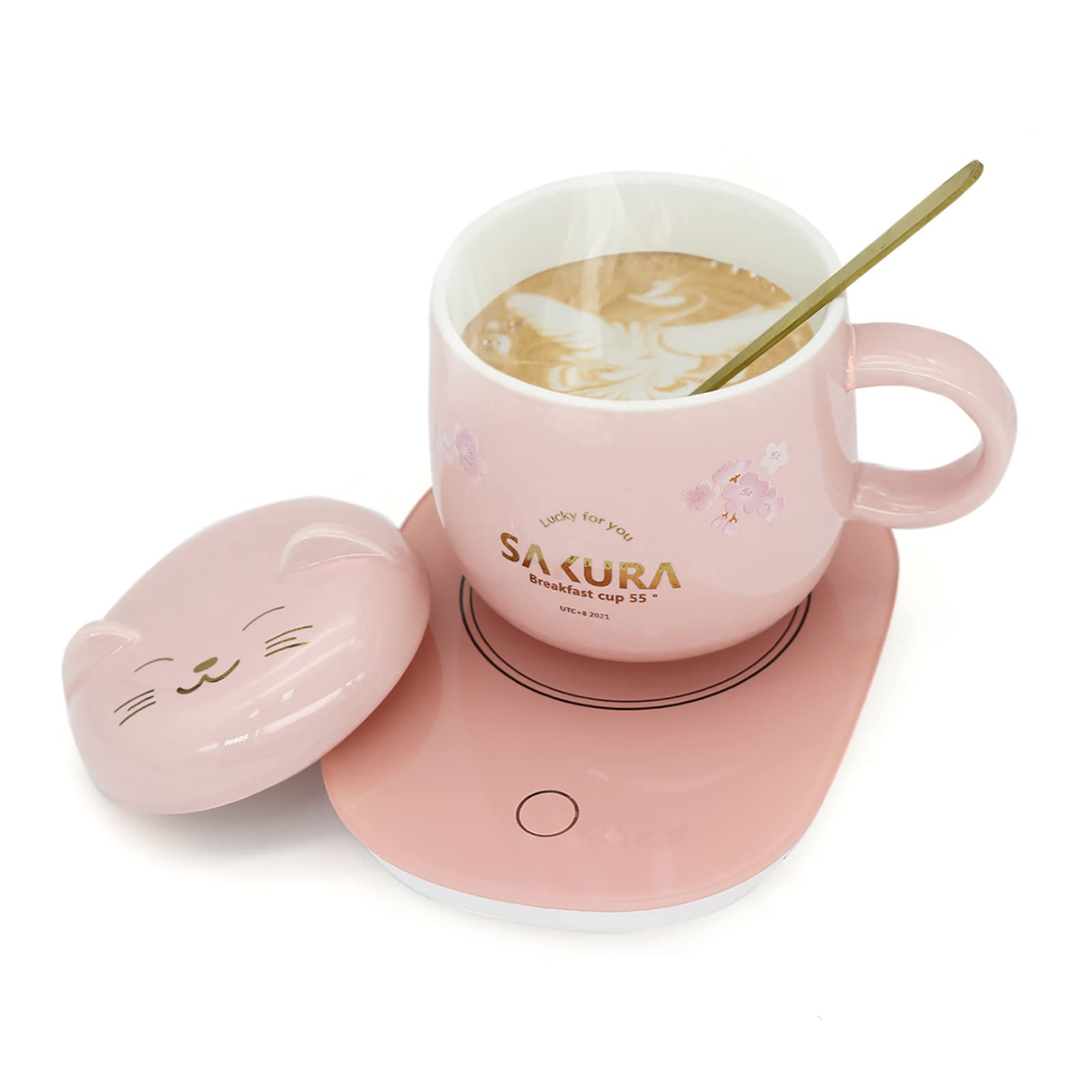 Coffee Warmer with Mug Set,Cute Cat Mug Set Beverage Cup Warmer for Desk Kawaii Mug Birthday Gifts for Women Smart Coffee Mug Warmer Candle Warmer Plate Sister Best Birthday Gift Boxes for Women Pink - Pink