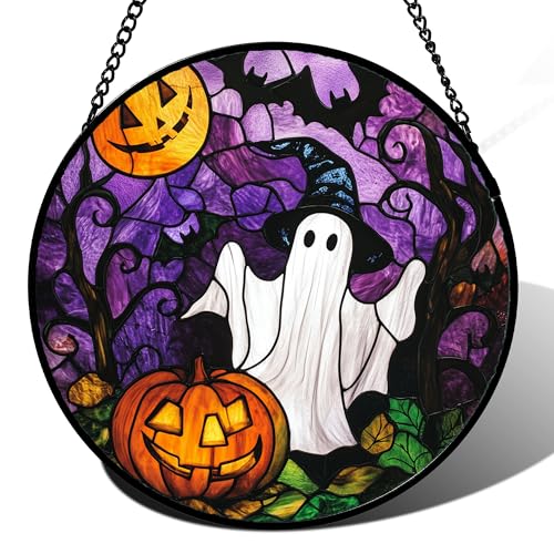 Image of Stained Glass Window Hanging Halloween White Ghost Black Bat 6.3 inch - Suncatcher Door Garden Sunroom Horror Pumpkin Sun Catcher Birthday for Friend Mom Men Woman Nana