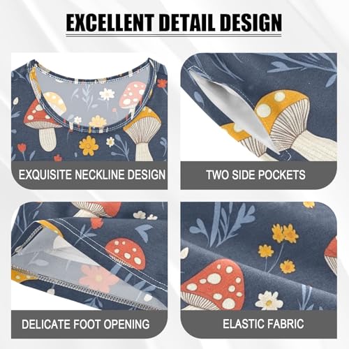 ALAZA Mushroom Flower Navy Blue Pajamas Set Short Sleeve Cotton Sleepwear Summer Pjs 2 Piece 5-14Y4