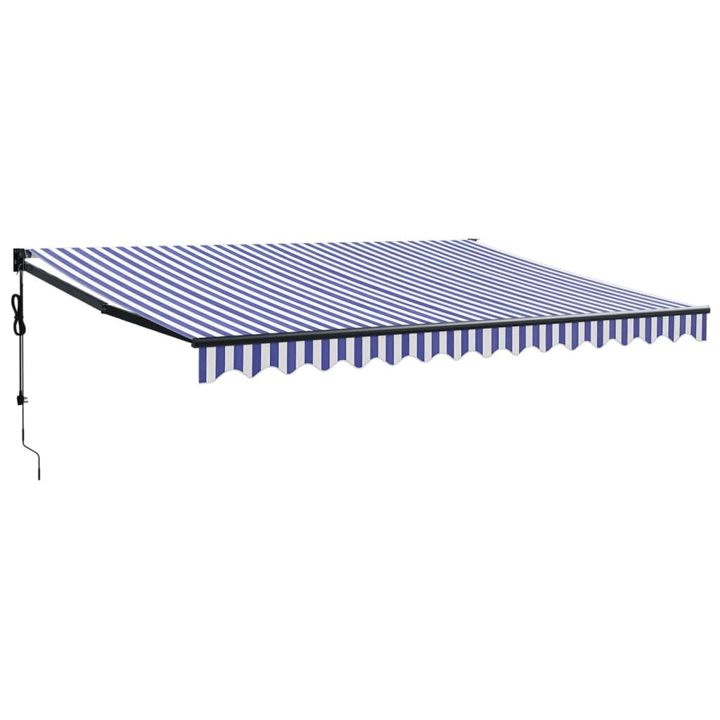 Tenda da sole elettrica con manovella, 4,5 x 3 m, braccio snodato, colore blu e bianco, motore e telecomando, in alluminio e poliestere, protezione solare per terrazza, balcone, giardino