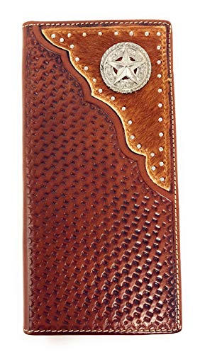 Texas West Western Mens Ostrich Genuine Leather Lone Star Long Cowhide Stud Bifold Wallet (Brown)